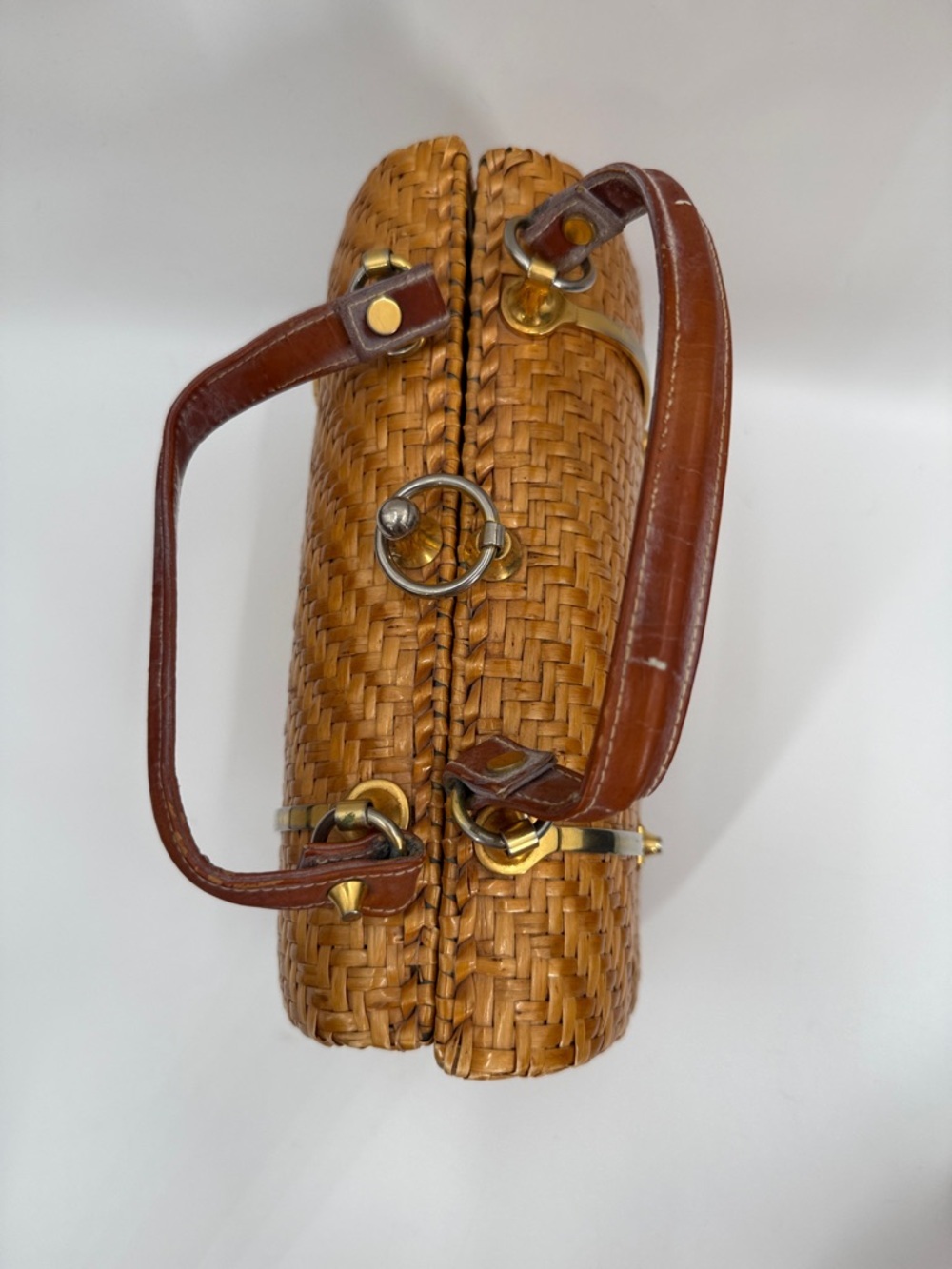 Vintage Rodo Italy Woven Wicker Straw Top-Handle Bag in Tan with Brown Handles - Picture 5 of 14